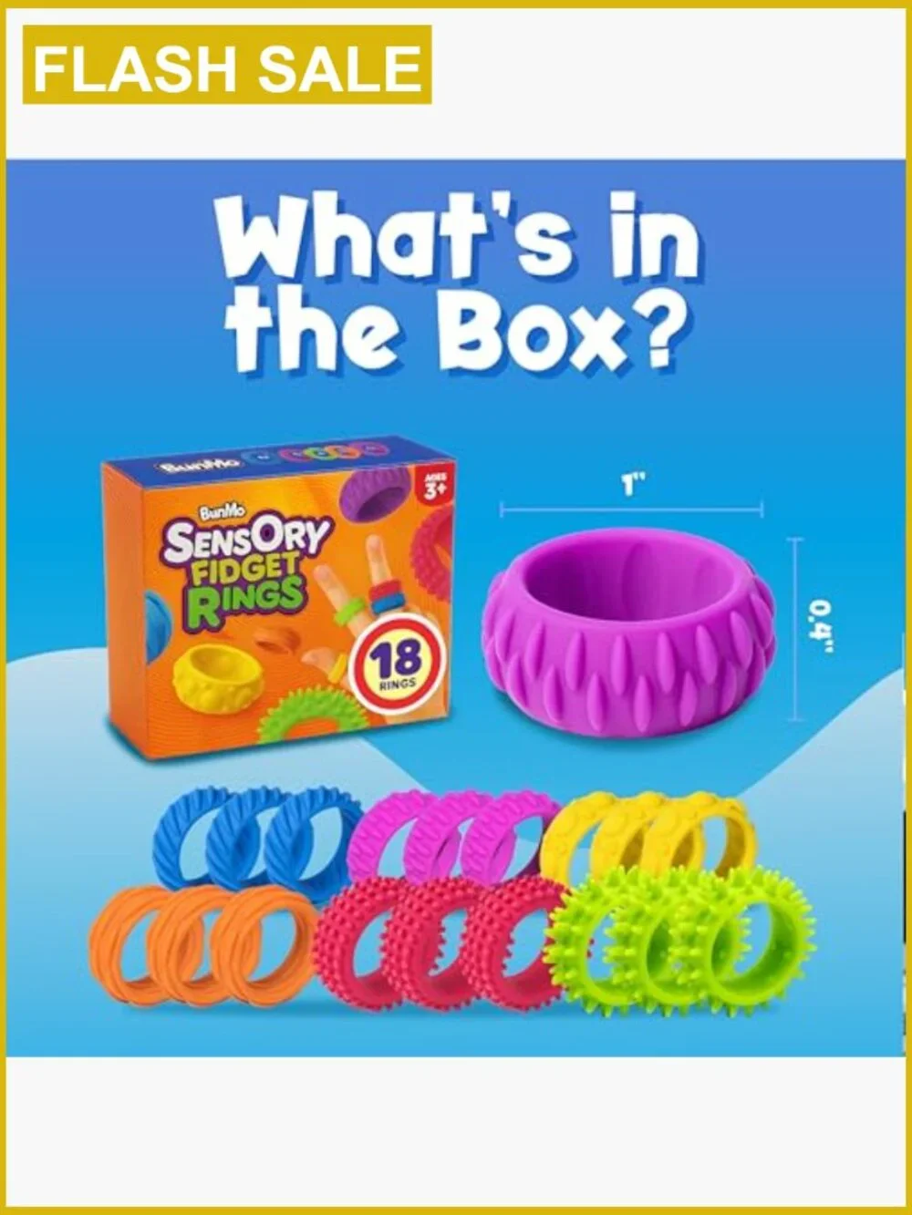 18 Pack Fidget Rings Sensory Toy Set with 6 Textures for Kids